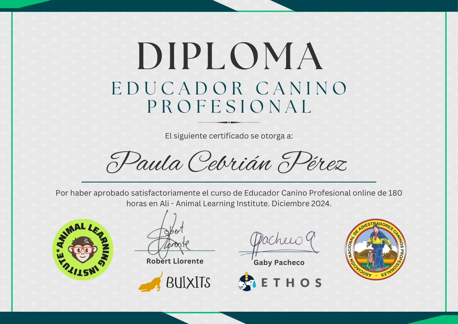 Diploma de Educador Canino Profesional de Animal Learning Institute, 180 horas
