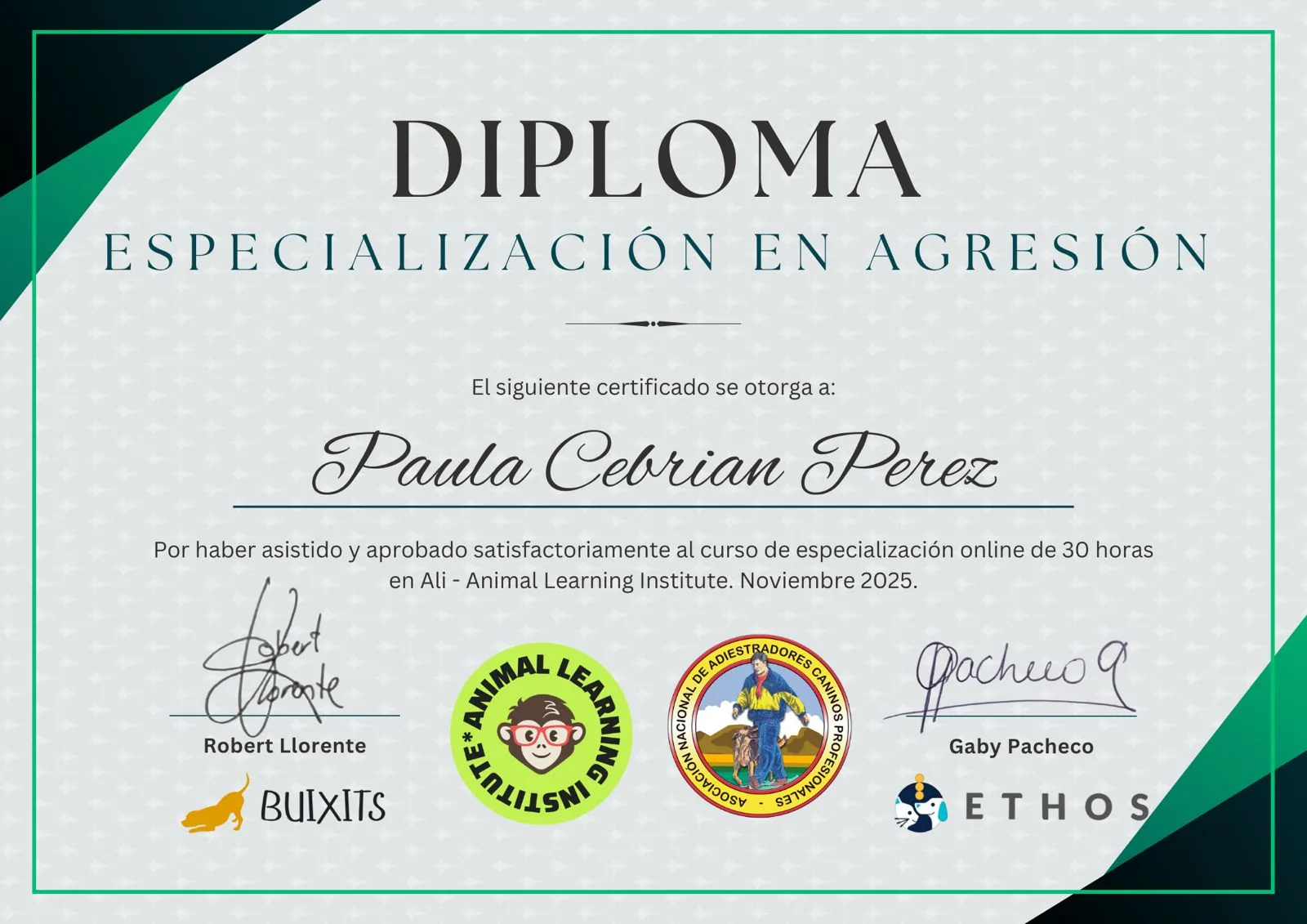 Diploma de Especialización en Agresión de Animal Learning Institute, 30 horas