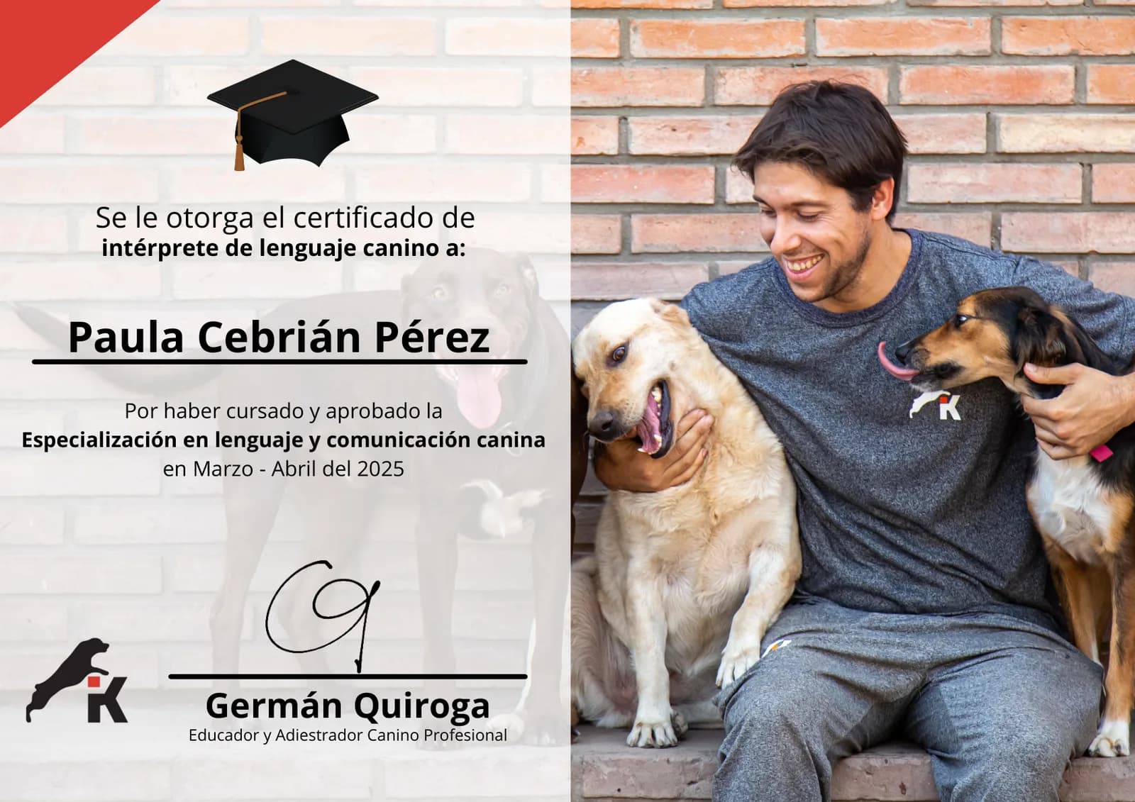 Certificado de intérprete de lenguaje canino de Kaneman, especialización en lenguaje y comunicación canina